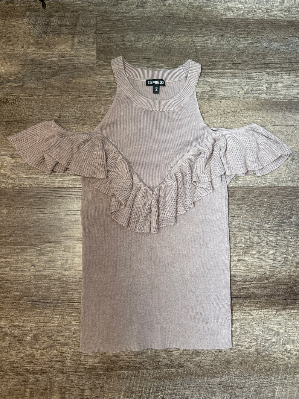 Express Blush/Mauve Ruffle Cold-Shoulder Knit Tank